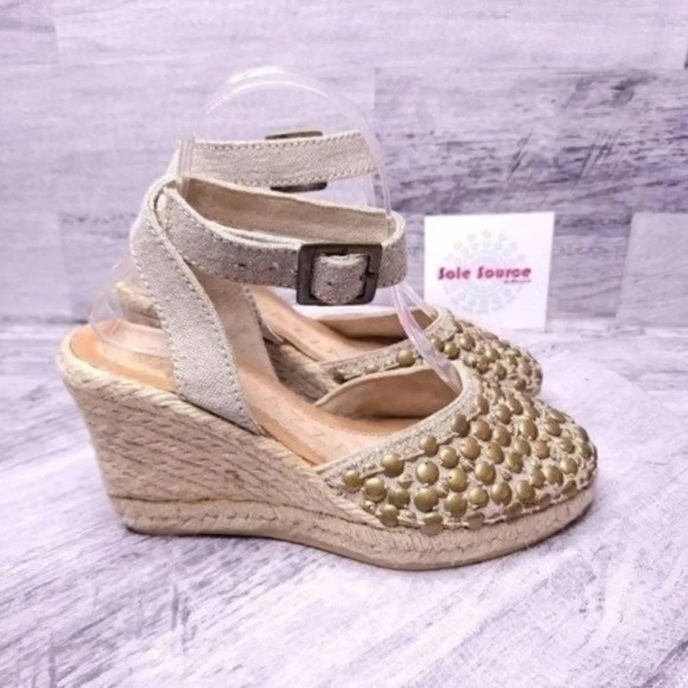 Apepazza Studded Ankle Wrap Espadrille Wedge Sandal Tan sz 38 Women's sz 8 - Picture 1 of 10